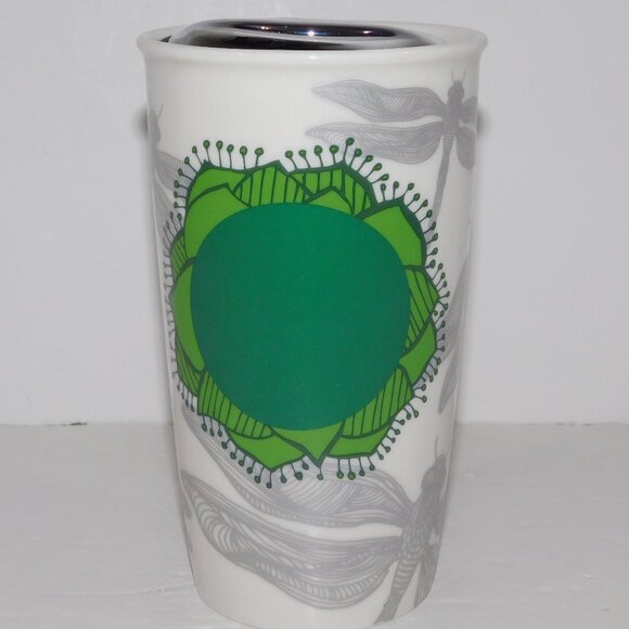 2014 Starbucks Ceramic Travel Tumbler Mug Green Lotus Silver Dragonfly Lid - Picture 1 of 7